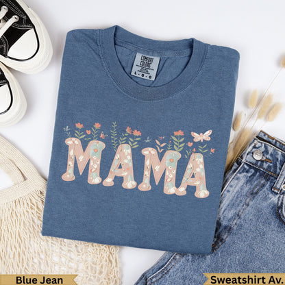 Blue Jean sweatshirt with "MAMA" in floral lettering.