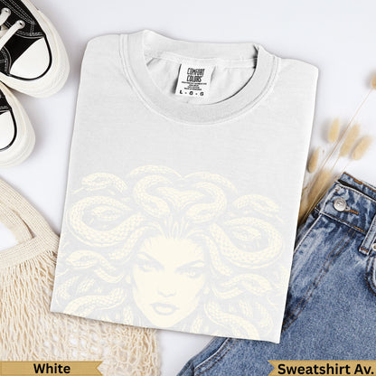 White Comfort Colors heavyweight garment-dyed t-shirt with Medusa graphic.
