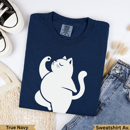 Navy Comfort Colors sweatshirt with white cat graphic and size tag.