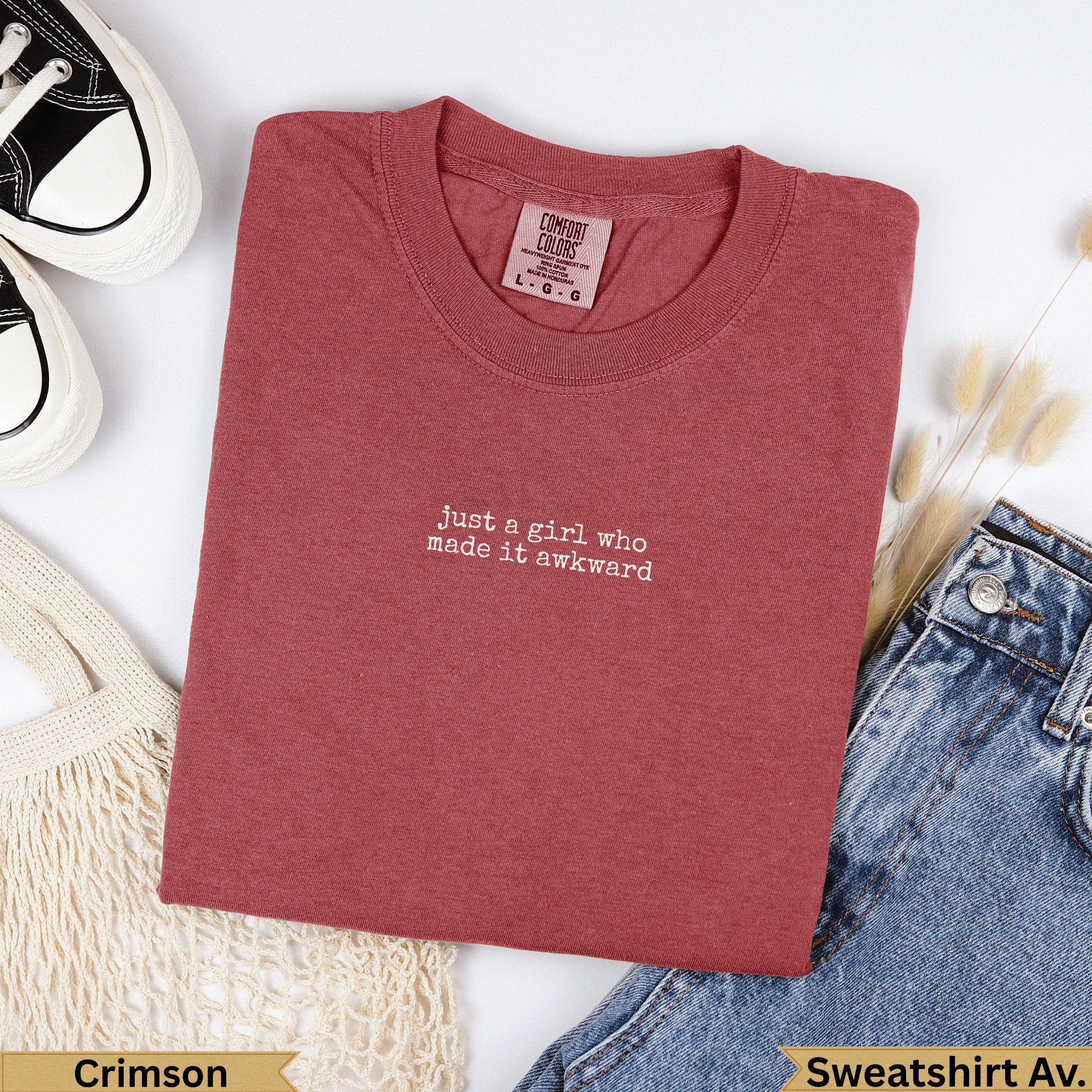 Crimson Comfort Colors t-shirt with "just a girl who made it awkward" text.