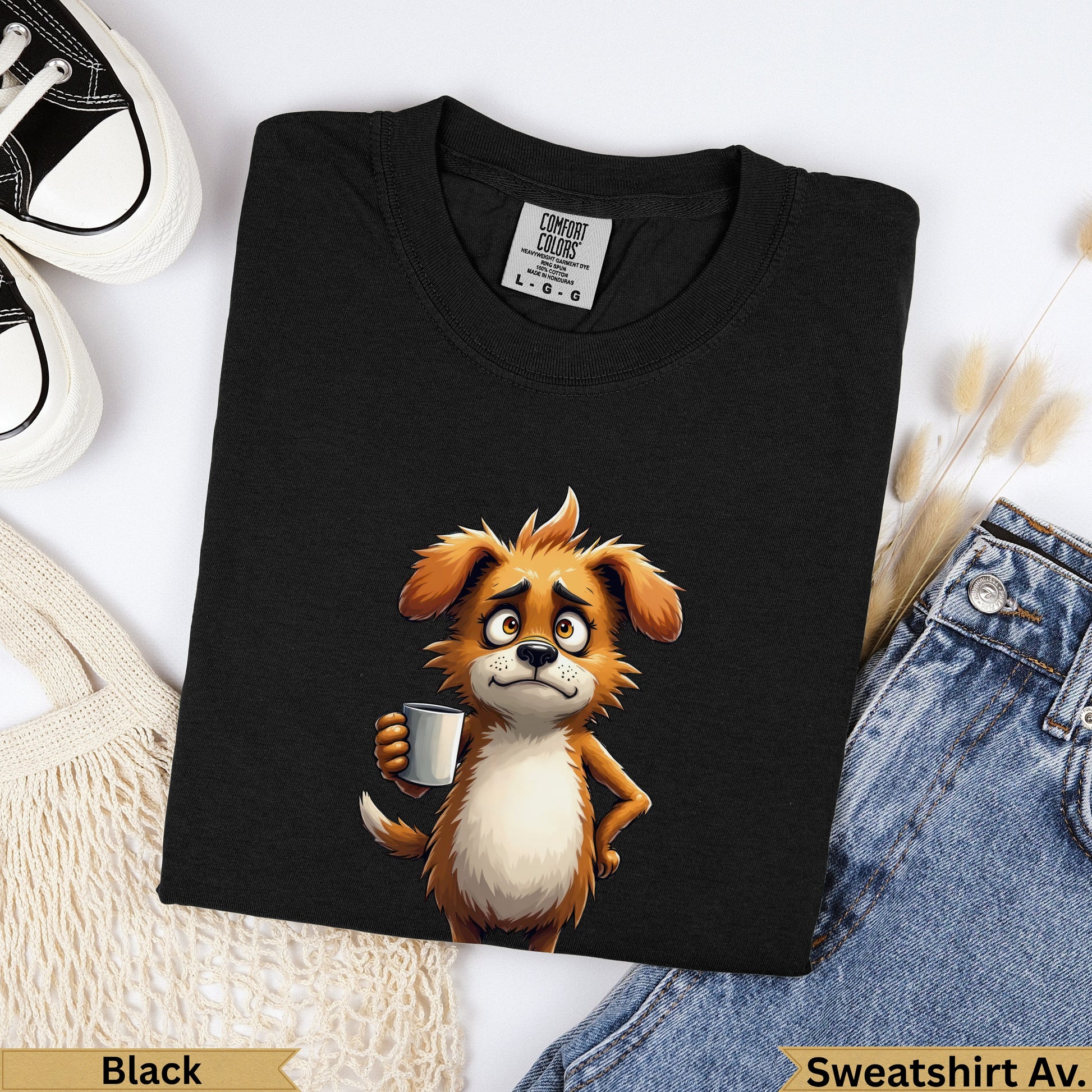 Black Comfort Colors heavy t-shirt with cartoon dog holding coffee cup.