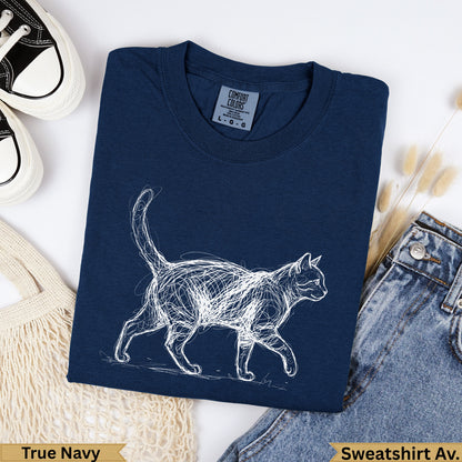 Navy blue crewneck sweatshirt with a white line drawing of a walking cat.
