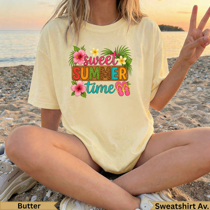 Light yellow t-shirt with "Sweet Summer Time" and floral graphics.