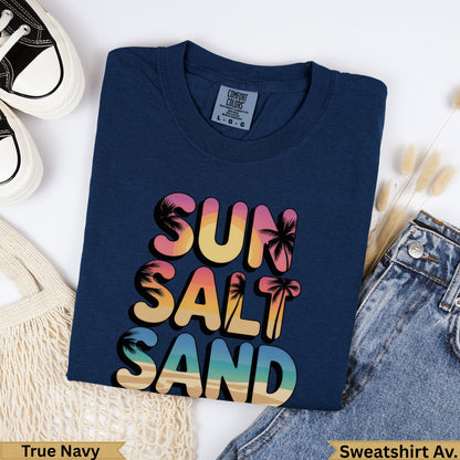 Navy Comfort Colors sweatshirt with "SUN SALT SAND" text.