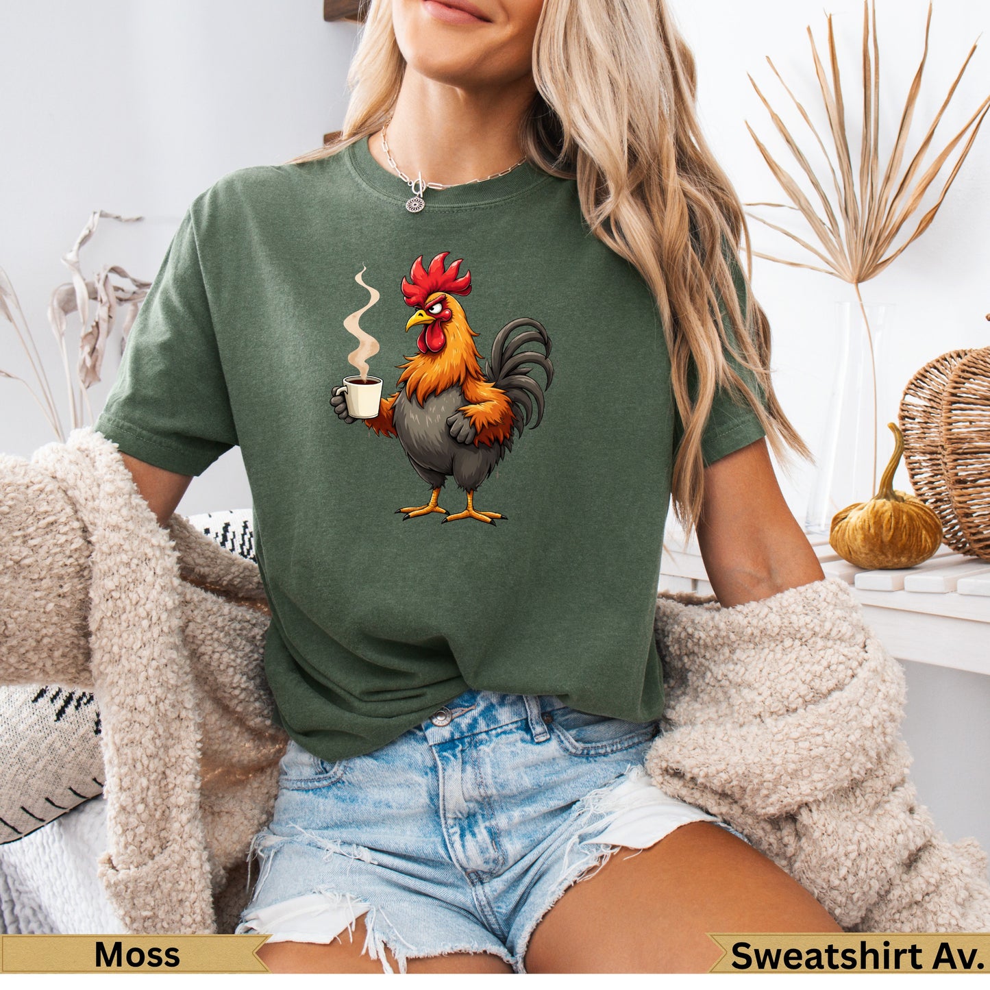 Cartoon rooster wearing a necklace, holding a coffee cup.