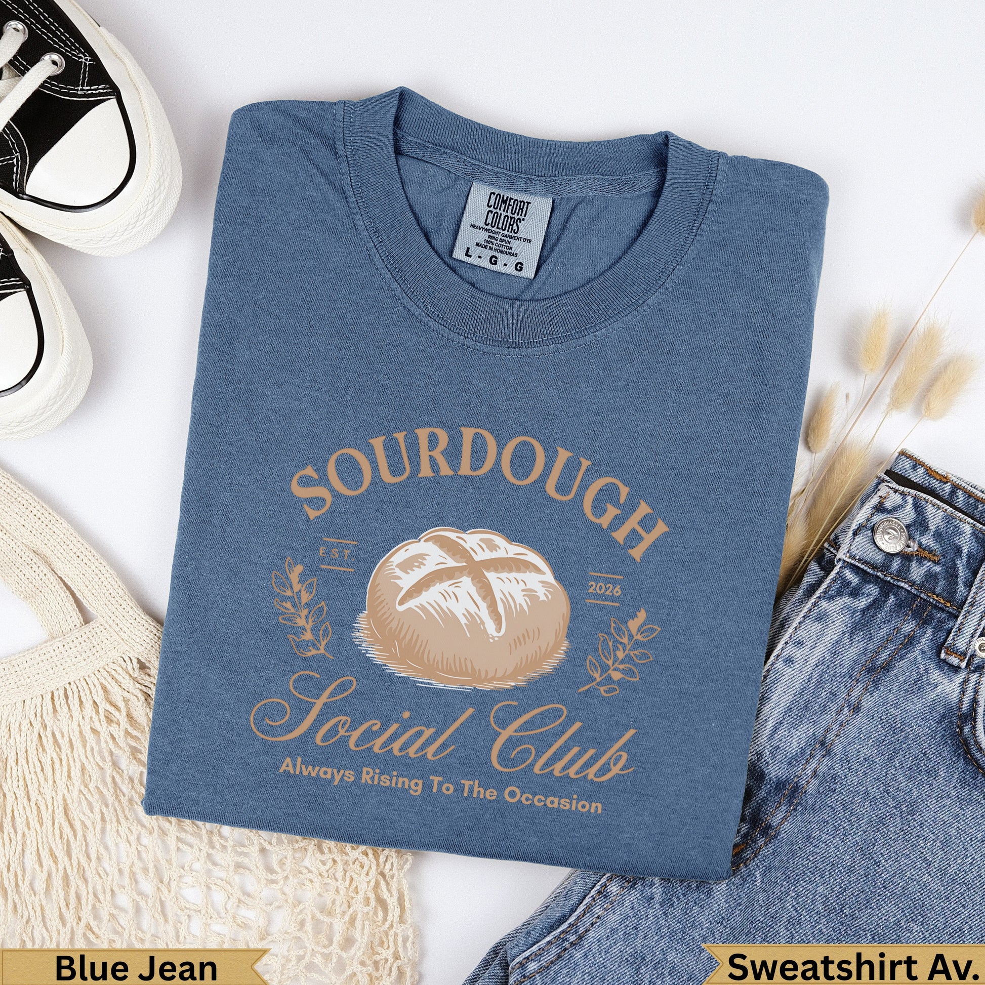 Blue Jean Comfort Colors sweatshirt with "Sourdough Social Club" graphic.