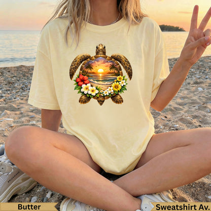 Yellow t-shirt with turtle and sunset graphic, "Butter" and "Sweatshirt Av." text.
